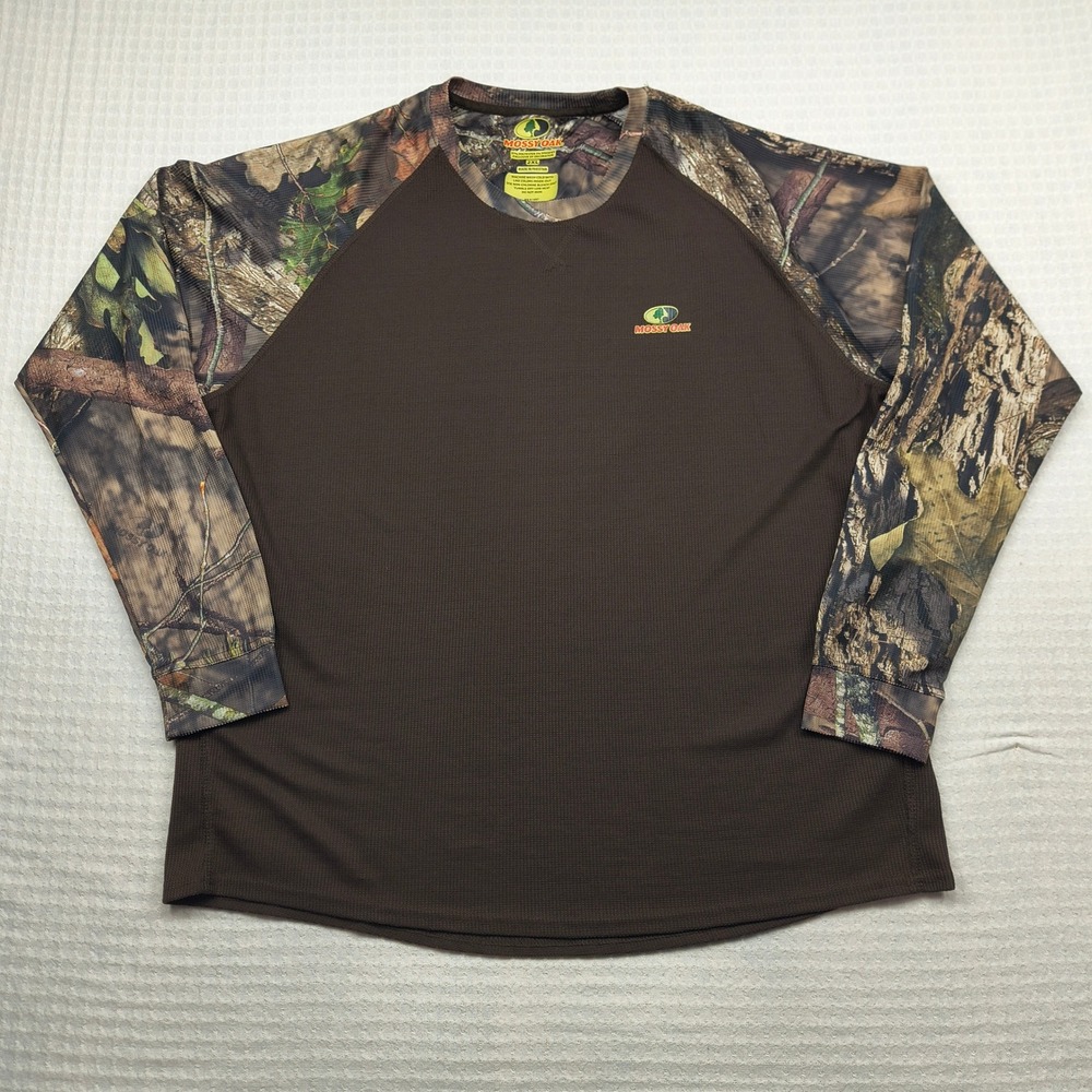 Mossy Oak Mens 2XL Brown Camo Raglan Waffle‎ Knit Performance Long Sleeve Shirt - Picture 2 of 11